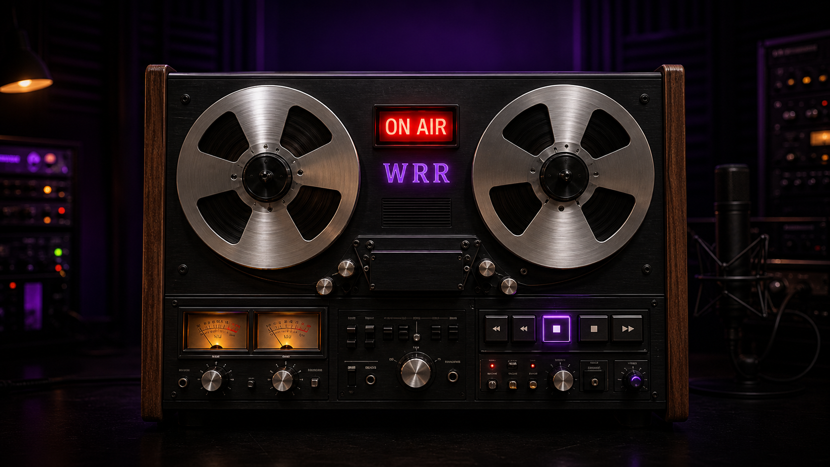 WRR vintage reel-to-reel broadcast console in a purple-lit radio studio